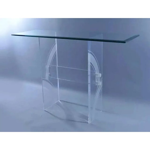 Vintage Mid Century Modern Clear Etched Lucite & Glass Console Hall Sofa Table For Sale - Image 10 of 11