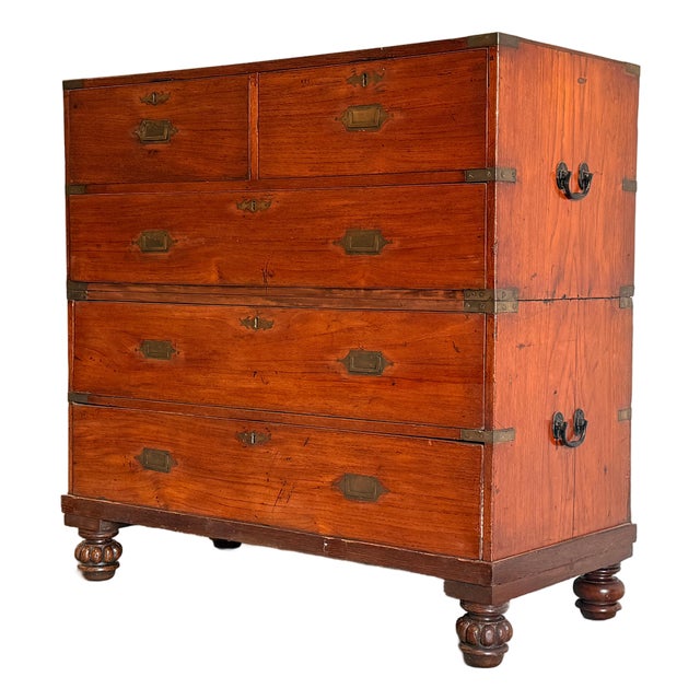Antique 19th Century Anglo-Indian Two-Part Campaign Chest of Drawers W/ Brass Hardware For Sale