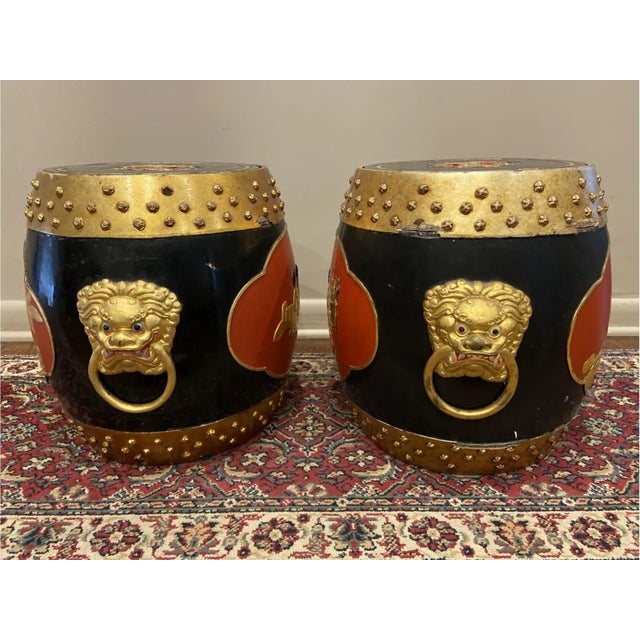 Japanese Antique Japanese Painted Wooden Rice Barrels Garden Stools—A Pair For Sale - Image 3 of 12