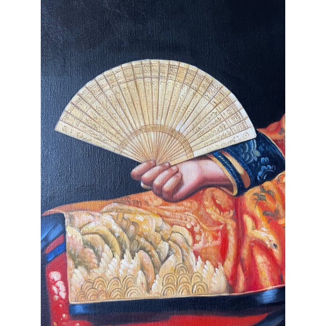 Late 20th Century Portrait Oil Painting of a Reclining Asian Woman with Fan For Sale - Image 6 of 11