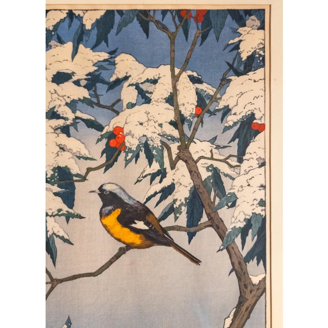 Blue 1970's Japanese Ukiyo-E Woodblock Print of Bird in Snow by Toshi Yoshida For Sale - Image 8 of 17