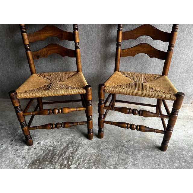 Vintage Pair of French Country Ladder Back Rush Seat Chairs For Sale - Image 10 of 12