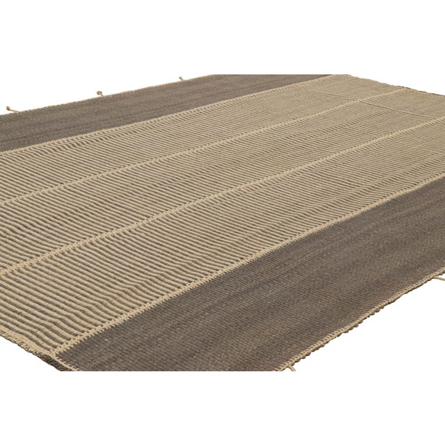 Rug & Kilim Rug & Kilim’s Contemporary Kilim With Textural Beige and Brown Stripes For Sale - Image 4 of 7