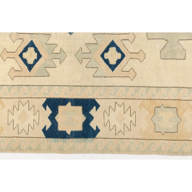 Vintage Turkish Area Rug, 9'0" X 6'6" Hand-Knotted Geometric Oushak Carpet, Cream and Blue Decorative Wool and Cotton Blend Rug For Sale - Image 6 of 10