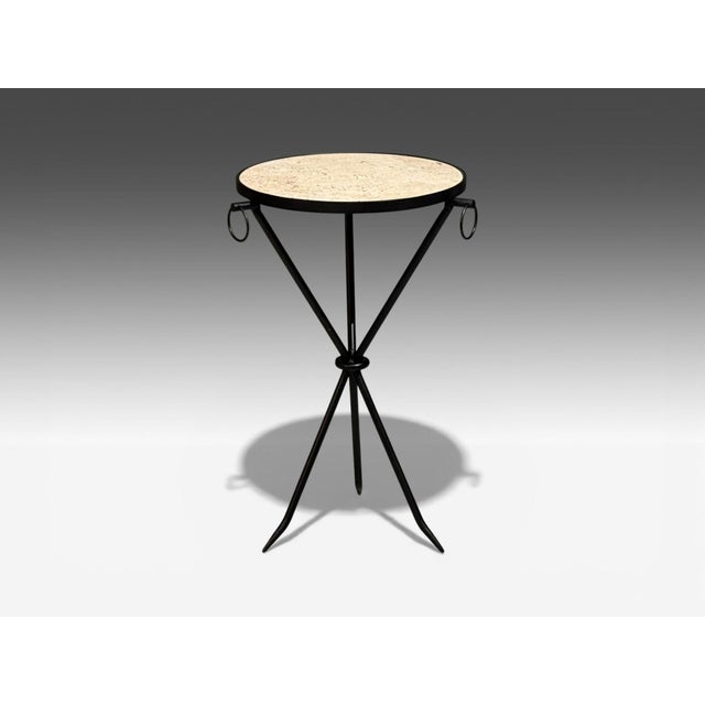 Jean-Michel Frank Style, Side Tables, Iron, Travertine, 20th c. Pair of iron and stone side or martini tables in the...