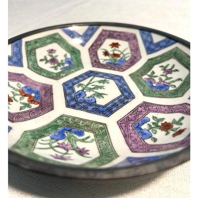 White MCM Pewter and Ceramic Neiman Marcus Floral Asian Plates Bowls - A 4 Piece Set For Sale - Image 8 of 9