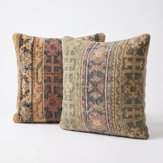 Mid-Century Modern Green Tribal Rug Pillow Cover 24'' X 24'' - Set of Two For Sale - Image 3 of 4
