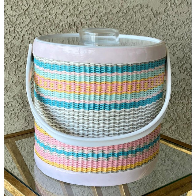 Circa 1970 Whimsical Woven Ice Bucket in Pastels With Lucite Lid & Swivel Handle For Sale - Image 4 of 12