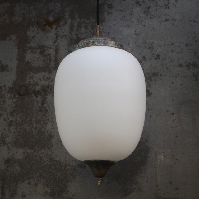 Aged Brass and White Mat Opaline Glass Pendant Light For Sale - Image 4 of 9