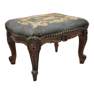 Vtg French Country Louis XV Style Carved Walnut Needlepoint Footstool Ottoman For Sale
