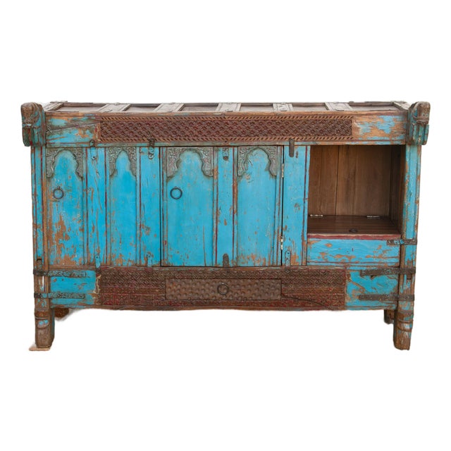 Antique Turquoise Blue Damachiya Cabinet For Sale