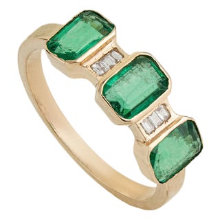 Natural Zambian Emerald Three Stone Ring With Diamond Accents in 14k Gold Size 4 For Sale