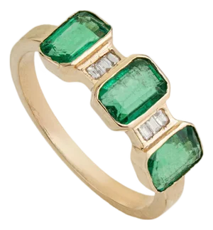 Natural Zambian Emerald Three Stone Ring With Diamond Accents in 14k Gold Size 4