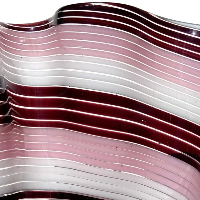 Vintage Murano Dark Purple Pink White Swirling Ribbons Italian Art Glass Decorative Fazzoletto Flower Vase For Sale In Orlando - Image 6 of 8