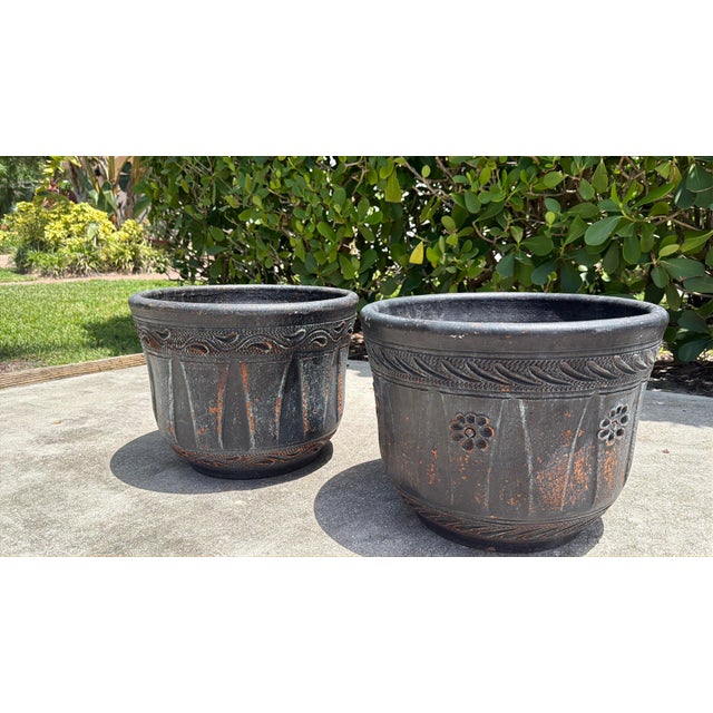 Ceramic Vintage Mexican Blackwashed Terracotta Planters – Pair For Sale - Image 7 of 11