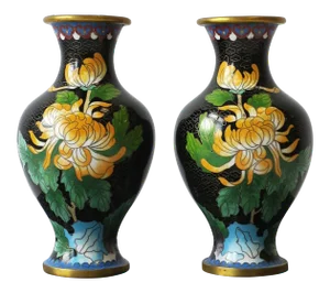 Chinese Black and Green Cloisonné́ and Brass Flower Vases - a Pair