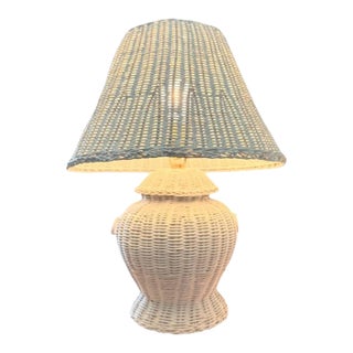 Vintage Wicker Table Desk Lamp, White, 14x19" For Sale