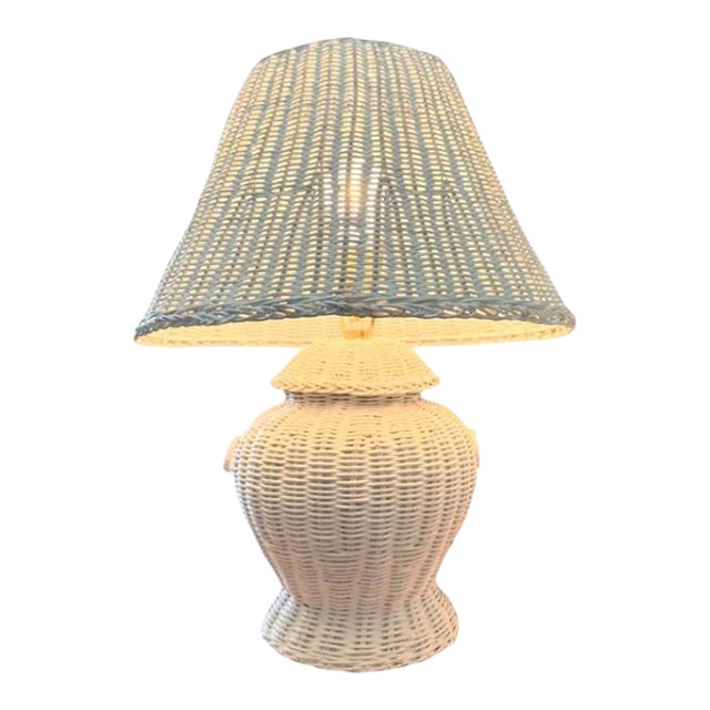 Vintage Wicker Table Desk Lamp, White, 14x19" For Sale