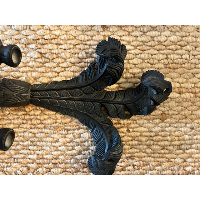 Mid-Century Modern Pair of Hollywood Regency Black Candle Sconces With Plumes in the Style of Tony Duquette For Sale - Image 3 of 4