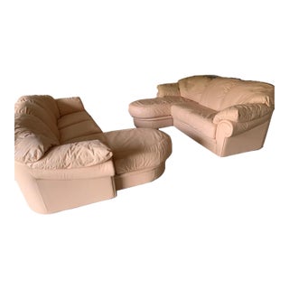 1990s Peach Leather Sofa With Attached Chaise Lounge For Sale