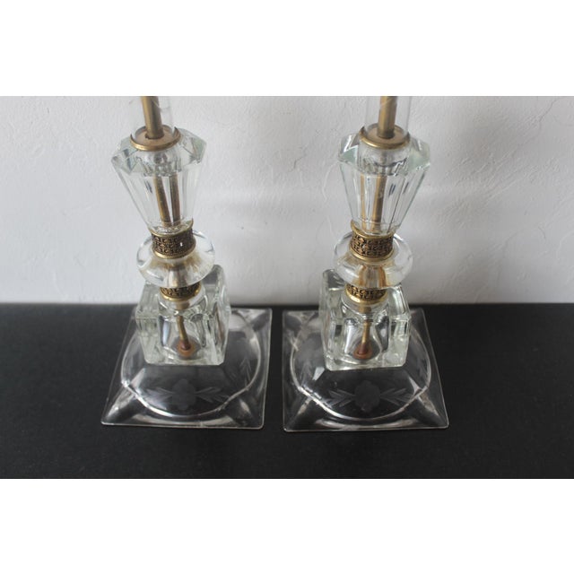 Transparent Mid-Century French Style Etched Floral Glass Boudoir Lamps Vintage -a Pair For Sale - Image 8 of 14