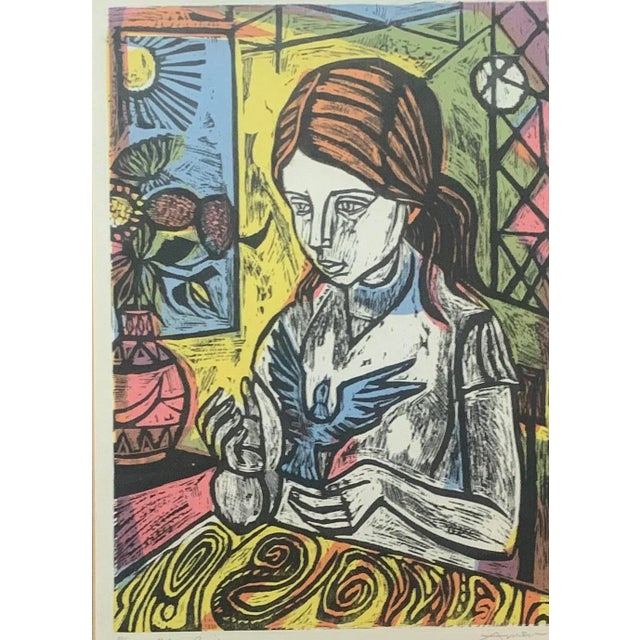 Modern Mid 20th Century "Bluebird" Original Expressionist Figurative Lithograph by Irving Amen, Framed For Sale - Image 3 of 7
