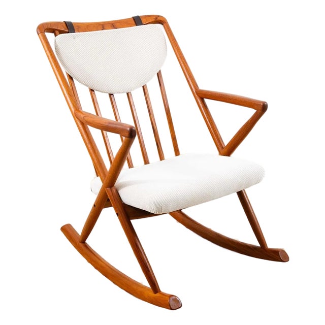 1960s Mid Century Danish Modern Rocking Chair Attributed to Benny Linden Teak Floating White Wool MCM For Sale