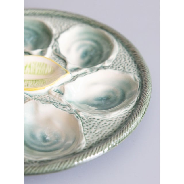 Antique French Saint Clément Majolica Blue Green & Yellow Lemon Wedge Oyster Plate For Sale - Image 4 of 7