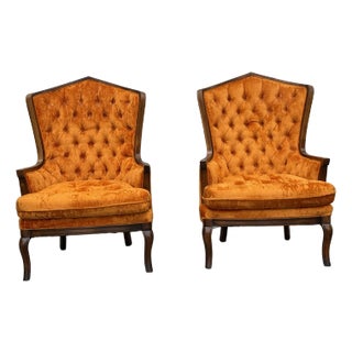 Pair of Mid-Century Modern Regency Velvet Tufted Back Orange Club Chairs For Sale