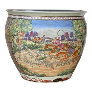 Chinese Vintage Porcelain Western Horses Dominos Graphic Pot Large For Sale