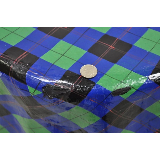 Late 20th Century Vintage Paper Mache Red Blue Green Tartan Painted "Tablecloth" Drape Side Table For Sale - Image 5 of 11