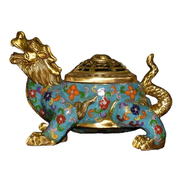 Vintage Cloisonné Enamel Gilt Bronze Dragon Turtle Censer Incense Burner With Bagua Lid For Sale