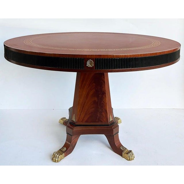 Early 20th Century Regency Style Round Pedestal Table, Greek Key Inlay & Bronze Claw Feet & Mounts For Sale - Image 12 of 12