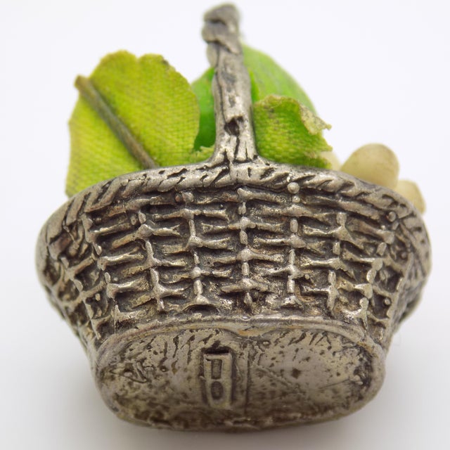 1970s Vintage Italian Handmade Genuine Silver & Salt Dough Fruit Basket Dollhouse Miniature Made in Tuscany 1970s For Sale - Image 5 of 9