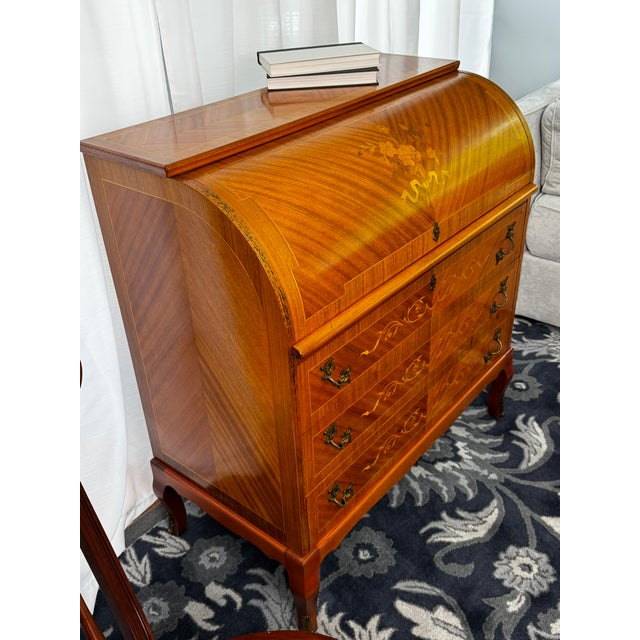 1970s Traditional Roll-Top Secretary Desk With Mother-of-Pearl Inlay Chair For Sale - Image 4 of 12