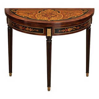French-Style Demi-Lune Console Table – Dark Wood, Floral Inlay & Ornate Gold Leaf Details For Sale