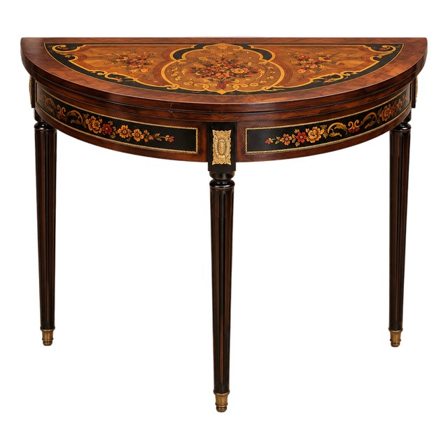 French-Style Demi-Lune Console Table – Dark Wood, Floral Inlay & Ornate Gold Leaf Details For Sale