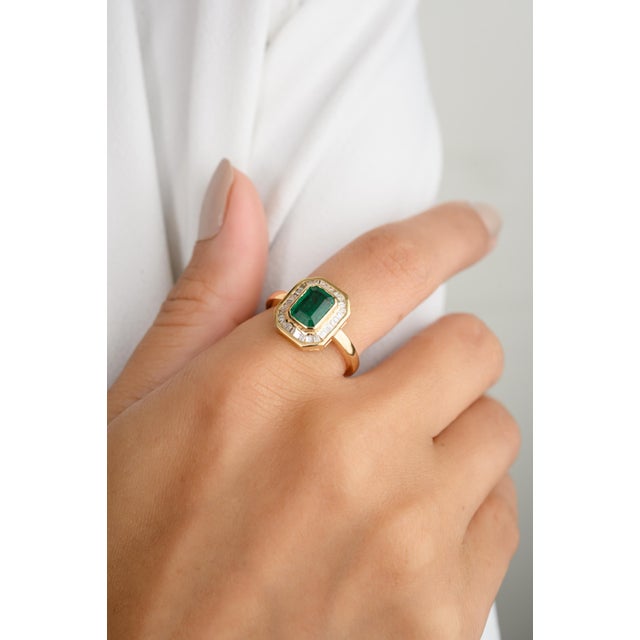 Modern Octagon Cut Emerald & Baguette Halo Set Diamond Statement Ring Size 6.5 For Sale - Image 3 of 12