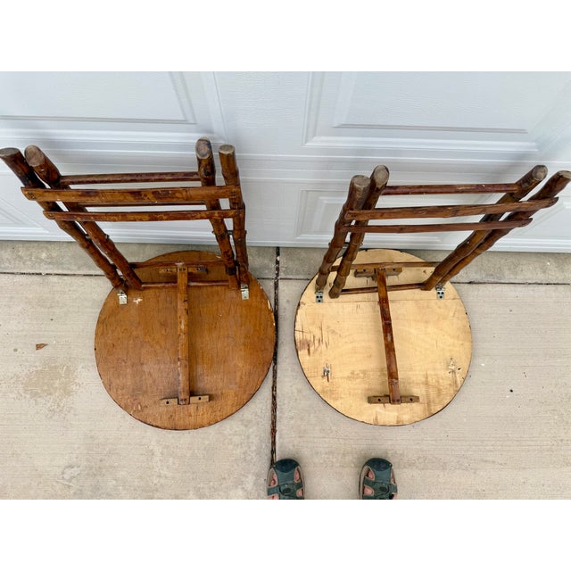 Wood 1970s Pair of Folding Bamboo and Rattan Round Side Tables For Sale - Image 7 of 10