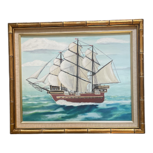 Vintage Clipper Ship in Faux Bamboo Gilded Frame