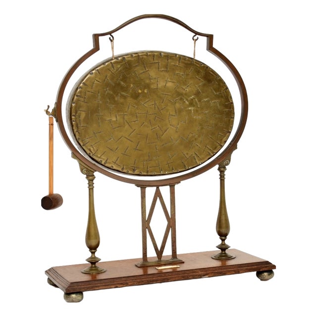 Antique Edwardian Brass and Oak Dinner Gong, 1900s For Sale