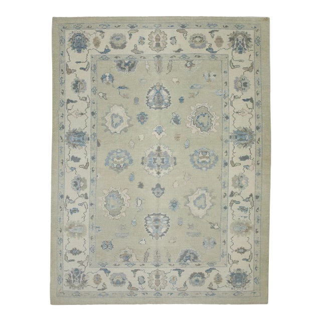 Early 21st Century Green Floral Design Handwoven Wool Turkish Oushak Rug 6'1" X 8'2" For Sale