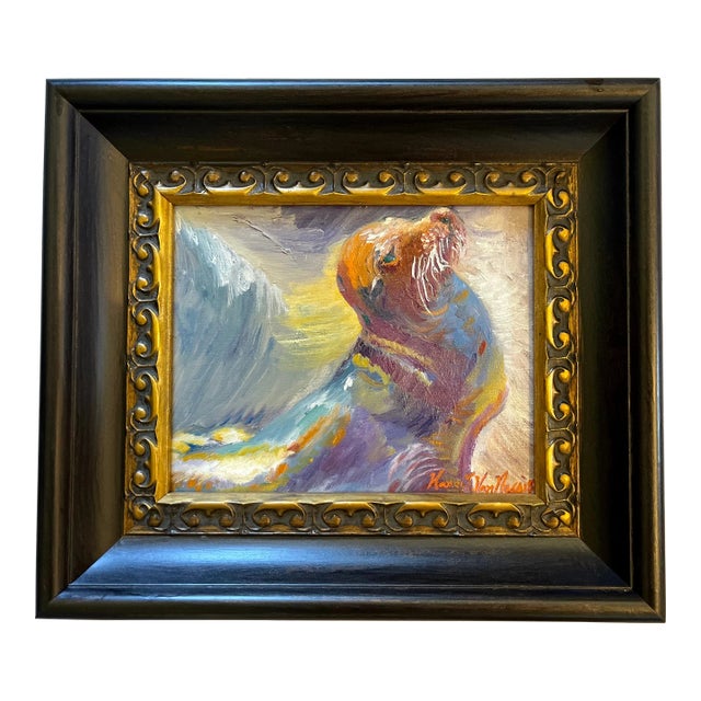 Original, Seal, Sea Lion Oil Painting, Wood Framed, Animal Art For Sale