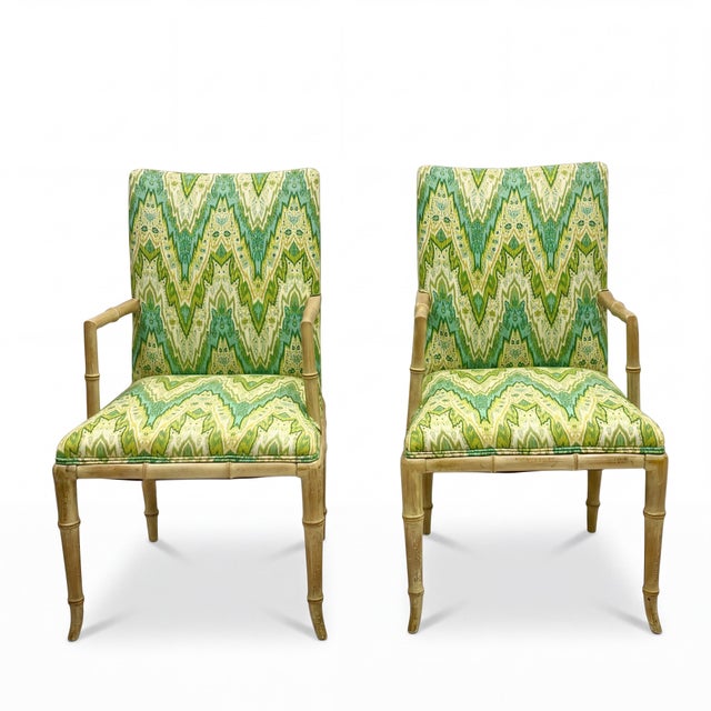 1970s Regency Style Cerused Pine Faux Bamboo Bergere Chairs in Chevron - Pair For Sale - Image 5 of 8
