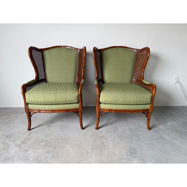 Hollywood Regency Vintage Coastal Hollywood Regency Style Ethan Allen Faux Bamboo & Cane Wingback Bergère Chairs – A Pair For Sale - Image 3 of 12
