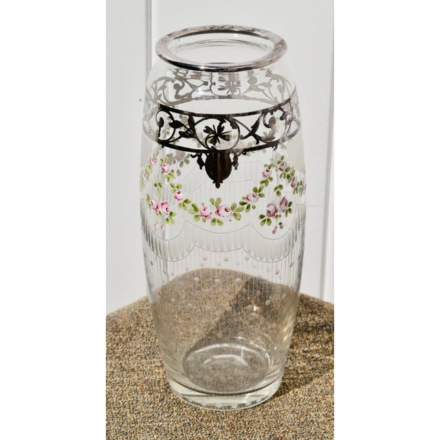 Antique (Circa 1920's) Bohemian Style Etched Glass Vase with Enamel and Sterling Silver Overlay. Hand Painted Floral...