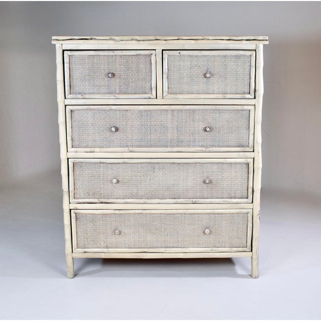 1990s Coastal Faux Bamboo Dresser With Grasscloth, White-Washed Finish For Sale - Image 13 of 13
