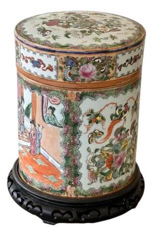 Unusual Vintage Chinese Famille Rose Lidded Canister Jar on a Wood Base