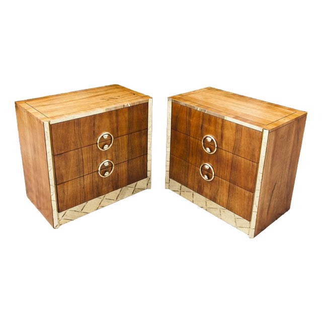 1970s Zebrawood and Brass Three Drawer Commodes by Mastercraft - a Pair For Sale