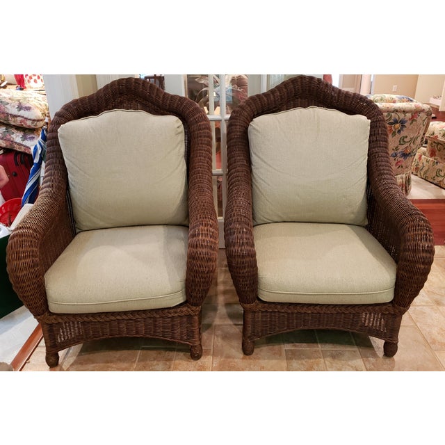 Ethan Allen Wicker Rattan Indoor Outdoor Chairs With Cushions a Pair
